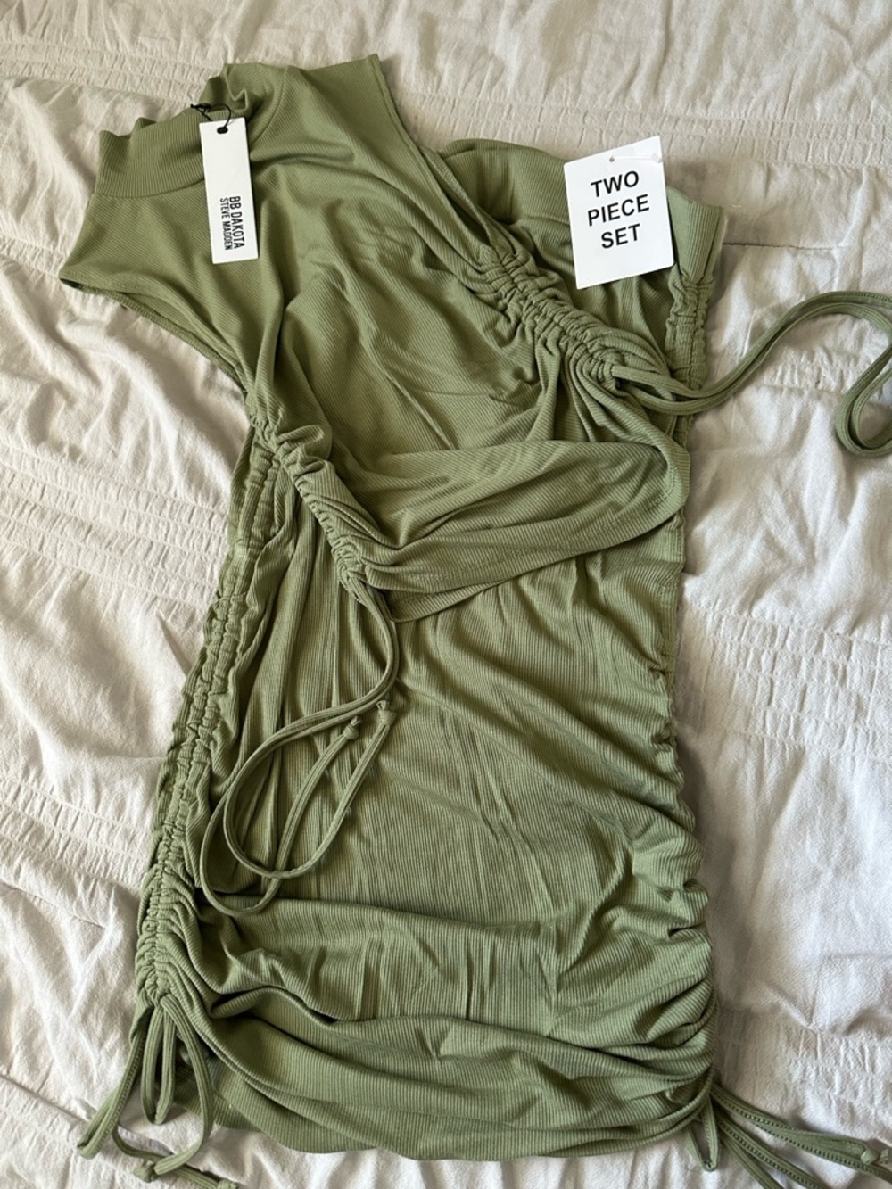 Steve Madden NWT Two Piece Sage Green Ruched Tank and Skirt Set